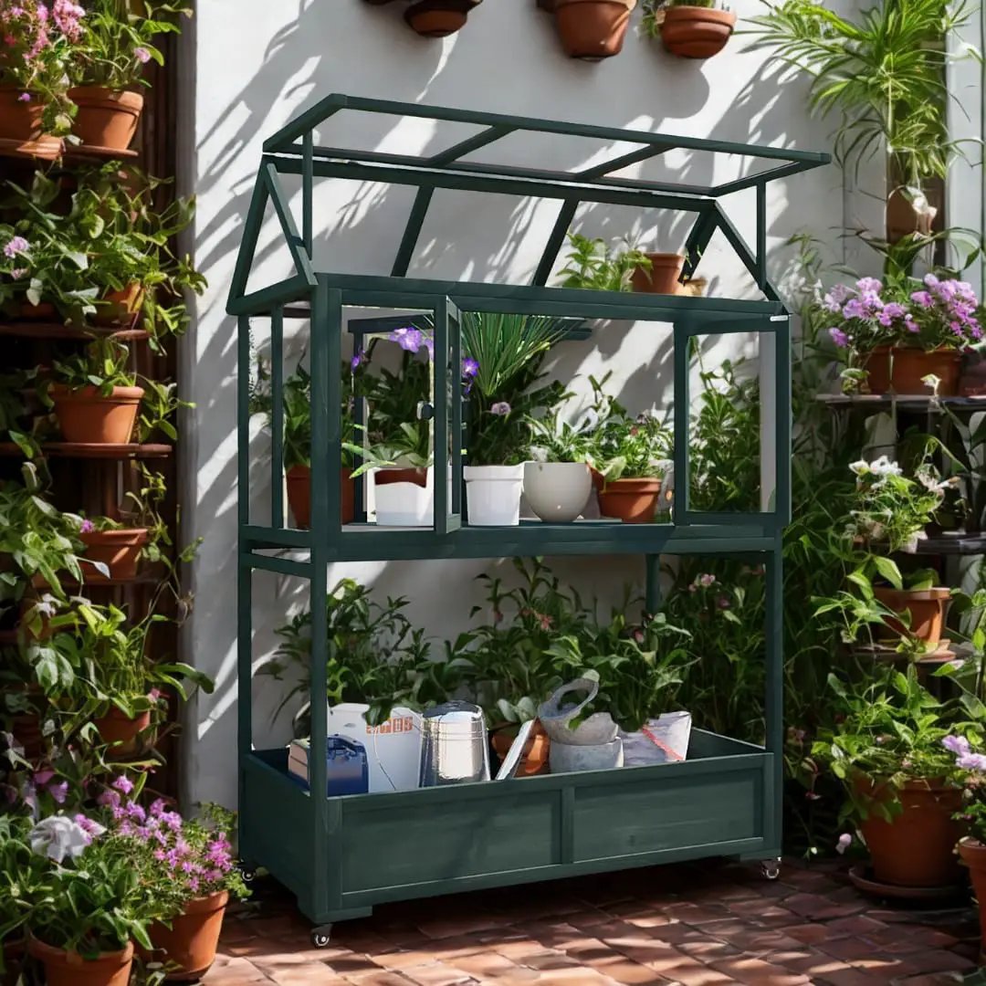 Portable Wooden Cold Frame Greenhouse with Wheels - 47" Mini Greenhouse with Adjustable Roof, Storage Box & Polycarbonate Panels - Plant Protector for Seedlings, Herbs & Winter Gardening (Green) by GreenHaven Gardens