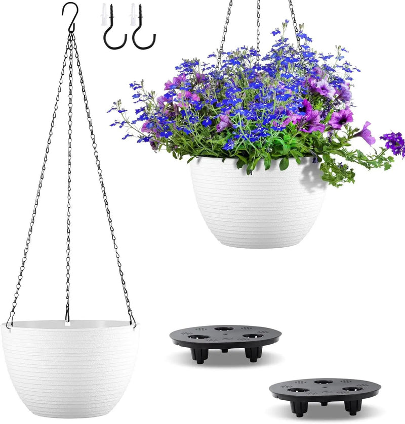 Hanging Planters for Indoor Outdoor Plants, Set of 2 Self Watering Hanging Pots with Drainage Hole & Plug and 20" Chain & Hooks by GreenHaven Gardens