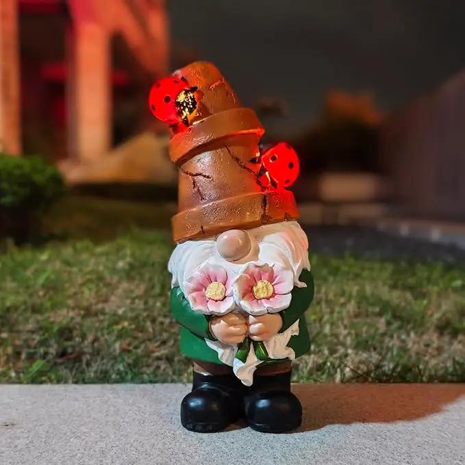 Garden Gnome Statues Outdoor Decor, Solar Gnomes with LED Lighted Flowers, Solar Resin Outdoor Statue Sculpture, for Woman Gift Home and Garden Decor by GreenHaven Gardens