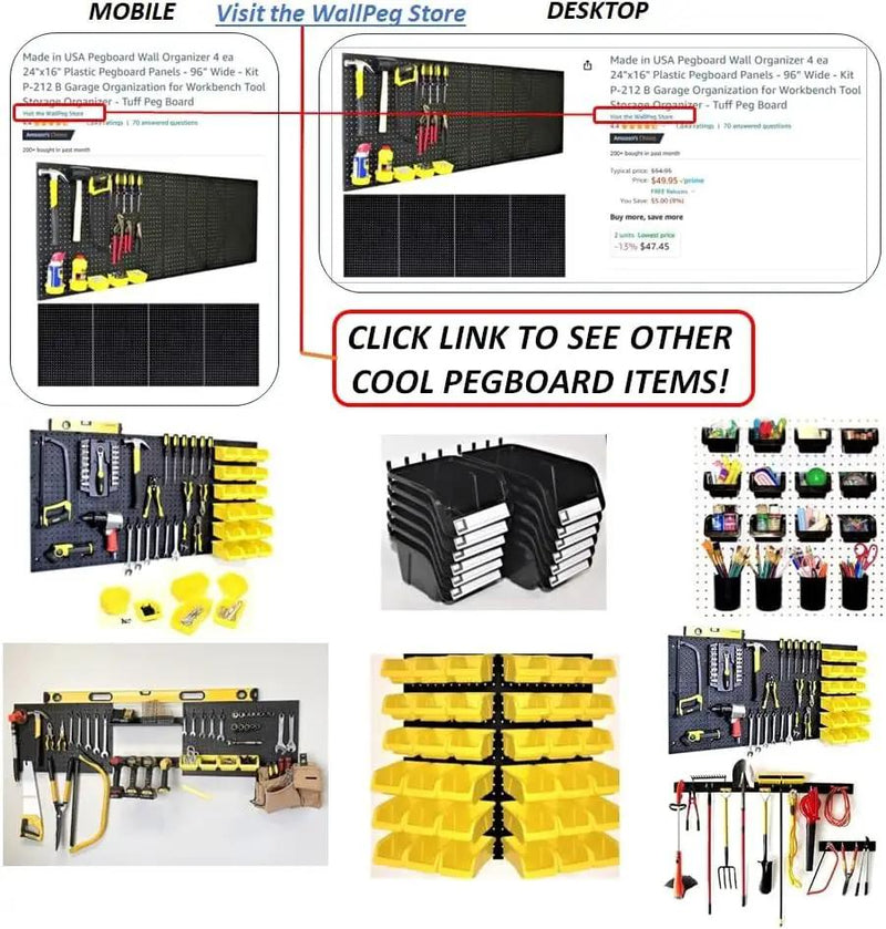 WallPeg 2 Black Pegboard Panels (24"x16" Each) with 6 Medium 5" Bins, 6 Large 7" Bins & 36 Flex-Lock Peg Hooks – Heavy-Duty Wall Storage Organizer – Made in USA by GreenHaven Gardens