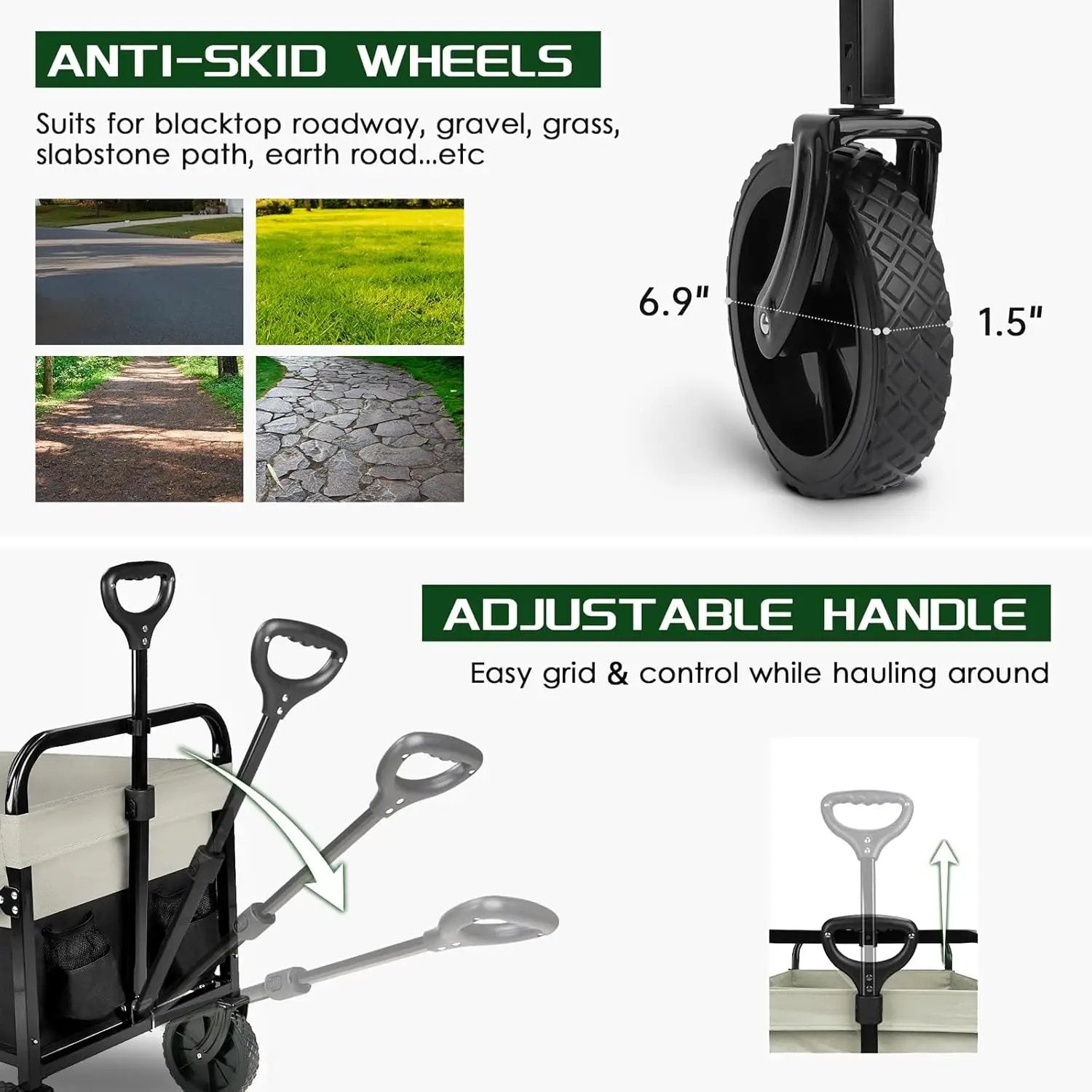 Large Collapsible Wagon Foldable for Grocery, Beach, Park, Yard, 34 x 18 Inch Inner Storage. Folding Utility Shopping Cart on Wheels. Heavy Duty, Durable w/Cupholders (Black-Gray) by GreenHaven Gardens