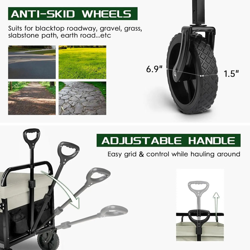 Large Collapsible Wagon Foldable for Grocery, Beach, Park, Yard, 34 x 18 Inch Inner Storage. Folding Utility Shopping Cart on Wheels. Heavy Duty, Durable w/Cupholders (Black-Gray) by GreenHaven Gardens