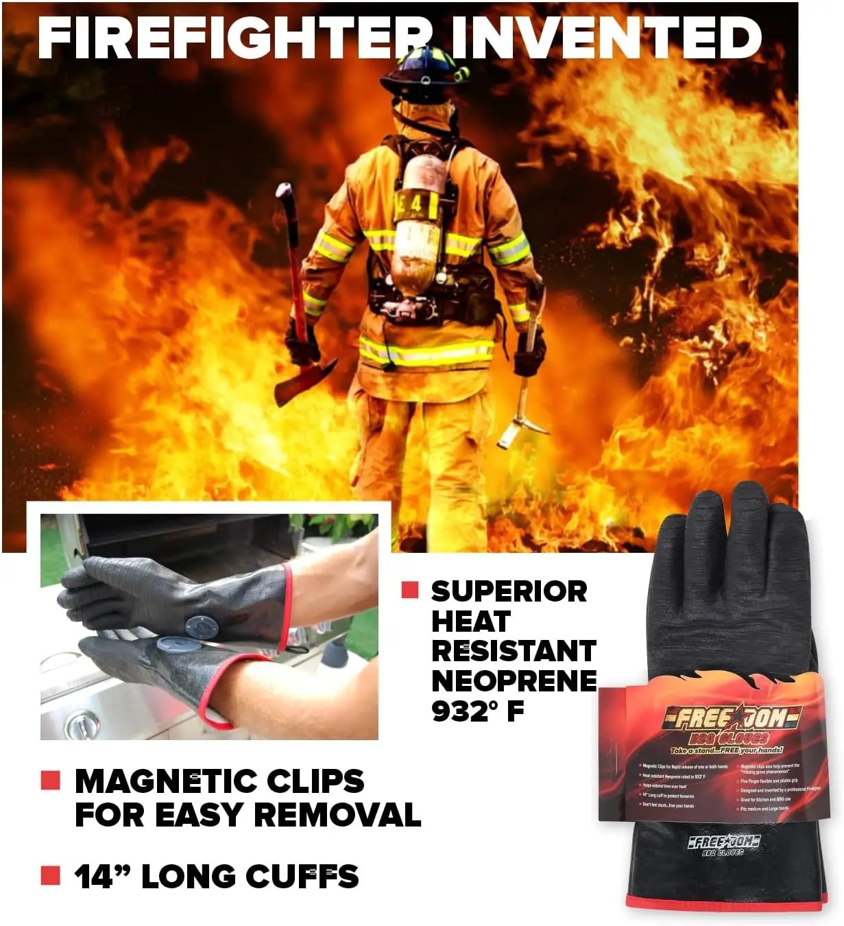 Freedom BBQ Gloves 932°F Heat Rated Magnetic EZ On Off Safety Clips Waterproof for Grills Smokers Fryers Ovens (14") by GreenHaven Gardens