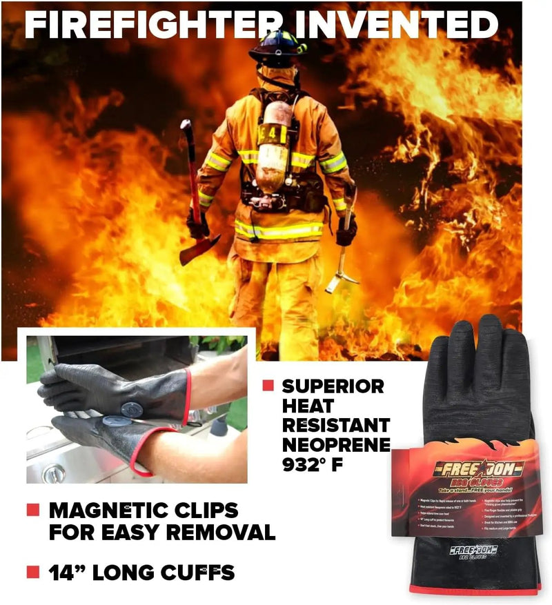 Freedom BBQ Gloves 932°F Heat Rated Magnetic EZ On Off Safety Clips Waterproof for Grills Smokers Fryers Ovens (14") by GreenHaven Gardens