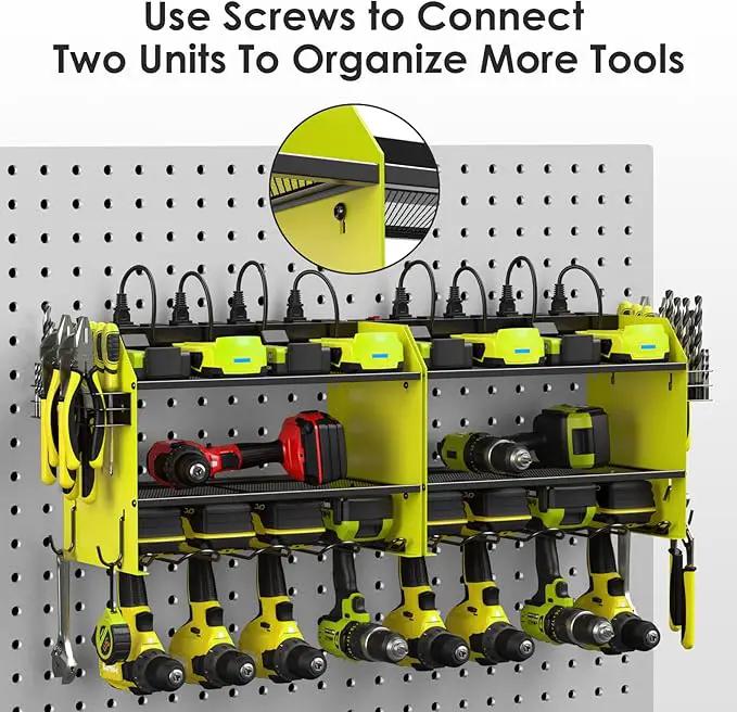 CCCEI Set Power Tool Organizer Wall Mount with Charging Station. Garage 4 Drill Storage Shelf with Hooks, Heavy Duty Metal Tool Battery Charger Organizer. Shop Utility Rack with Power Strip Green. by GreenHaven Gardens