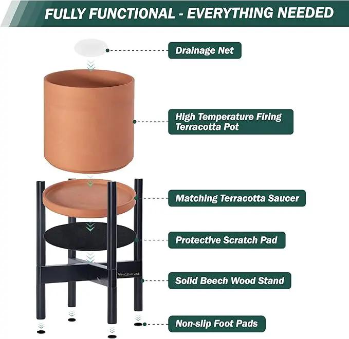 D'vine Dev Terracotta Planter with Ebony Stand - 8 Inch Modern Round Flower Pot with Wood Planter Holder, Terracotta, 55-B-M-5 by GreenHaven Gardens