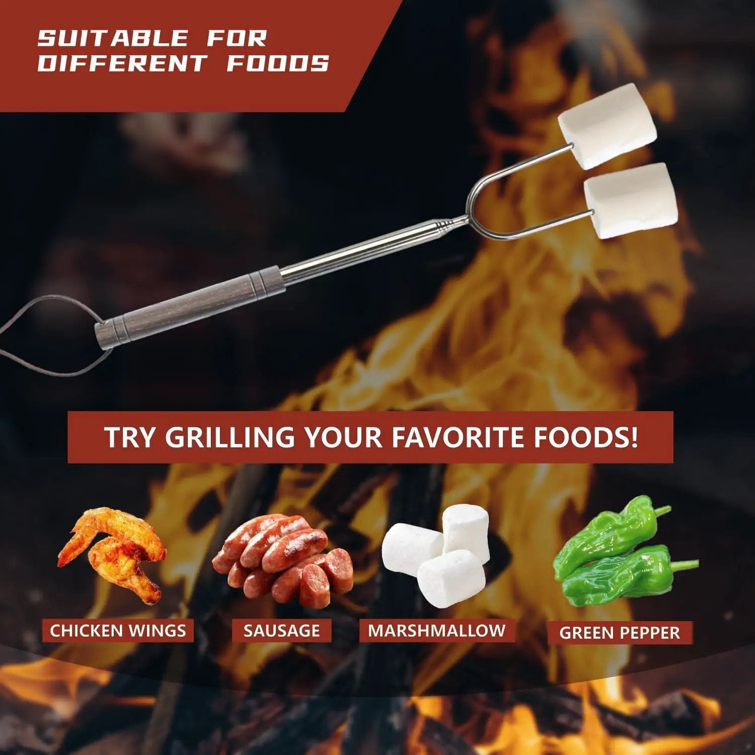 Marshmallow Roasting Sticks for Fire Pit with Wooden Handle, 41 Inches Long, Telescoping SUS304 Stainless Steel Marshmallow Skewers, Extendable Hog Dog Campfire Roasting Sticks, Camping Accessories by GreenHaven Gardens