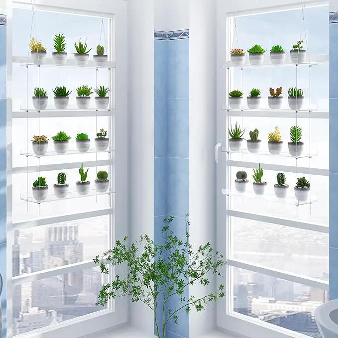 Clear Hanging Window Plant Shelves,2-Pack 4-Tier,Indoor Windows Wall Hanging Plant Stand Flower Display,Flower Pot Organizer Storage for Window Grow Herbs,Microgreens,Succulents,Flowe4,16-Inch by GreenHaven Gardens