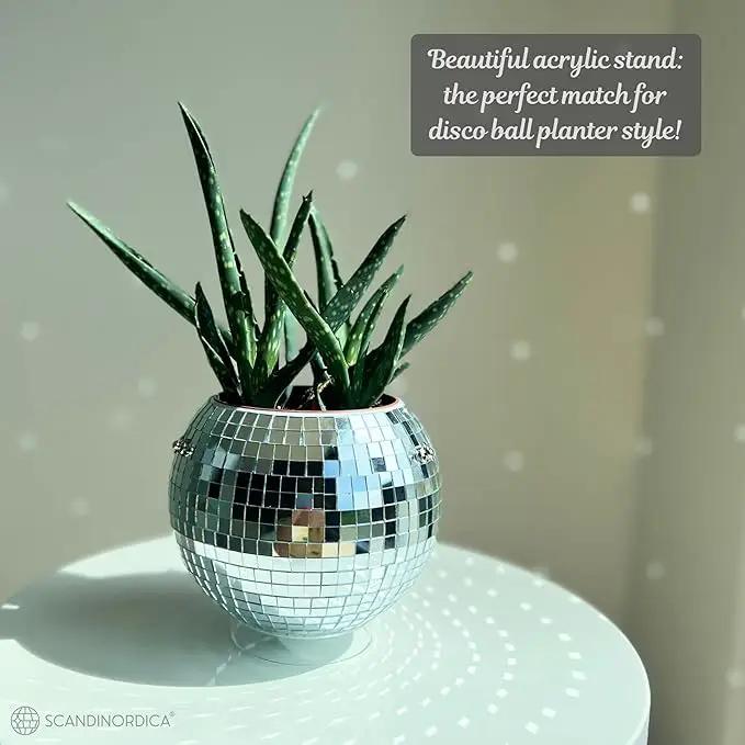 SCANDINORDICA Disco Ball Planter – Value Package: Mirror Disco Planter with Chain, Macrame Hanger and Acrylic Stand for Desk, Includes Self Watering Insert, Disco Ball Decor | 6 inch Silver by GreenHaven Gardens