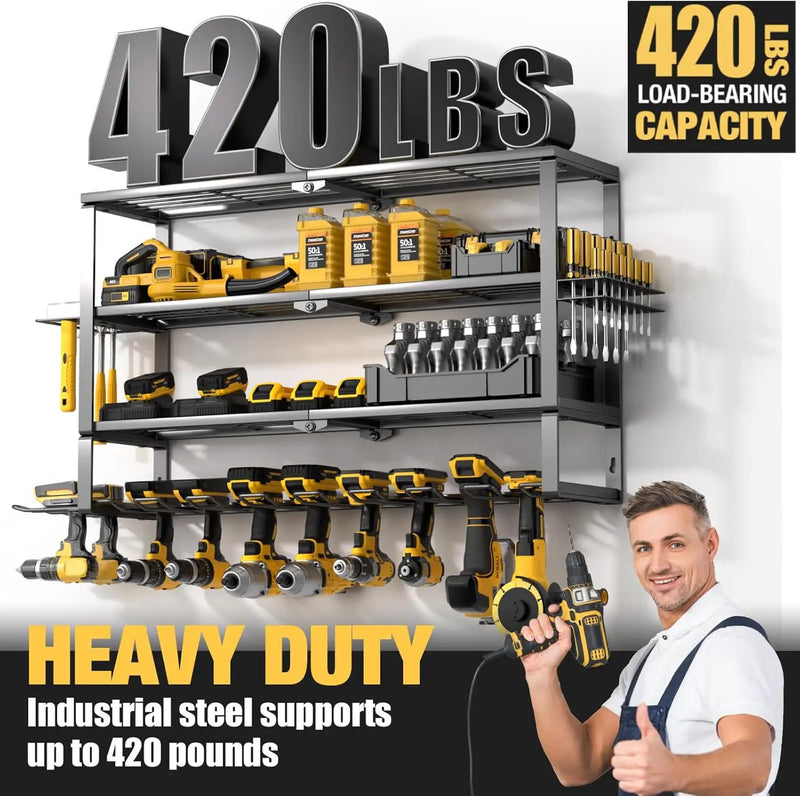 YYR Large Power Tool Organizer Wall Mount, Heavy Duty Metal Cordless Drill Storage Rack with Battery Charging Station Shelf, Utility Racks for Garage Organization, 4 Layer 10 Drills Holder Extra Tall by GreenHaven Gardens