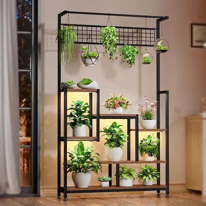 Tall Plant Stand Indoor with Grow Lights, 6 Tiered Metal Plant Stand for Indoor Plants Multiple, Large Plant Shelf Display Rack, Square Flower Plant Holder for Living Room, Patio (Black) by GreenHaven Gardens