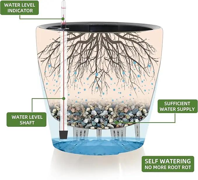 Dexceder 15x14 Self Watering Planter with Wheels Indoor Outdoor, Inner Pot Design, Thickened Large Floor Standing Flower Plant Pot with Water Level Indicator (White Gold Crackle) by GreenHaven Gardens