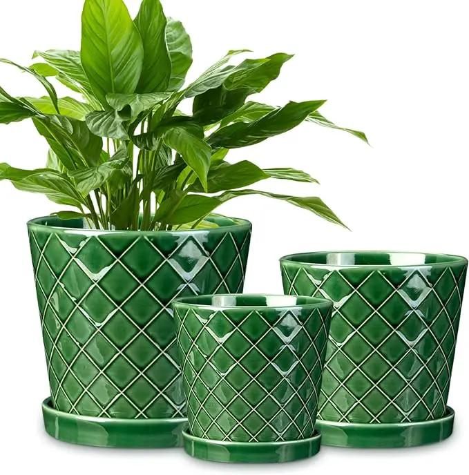 EFISPSS Ceramic Plant Pots, 4+5+6 Inch Pots for Indoor Plants, Flower Pots with Drainage Hole and Tray,Indoor/Outdoor Usage, Modern Style Garden Pots Set of 3 - Patina by GreenHaven Gardens