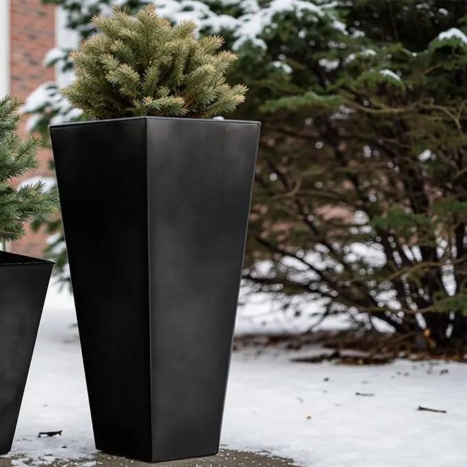WORTH Garden 28" Large Metal Glazed Planter Set of 2, Luxurious Glossy Finish Black Tall Square Tapered Steel Plant Pots, Decor Flower Pot Indoor & Outdoor, Drainage Hole & Dual-Purpose Plant Saucer by GreenHaven Gardens