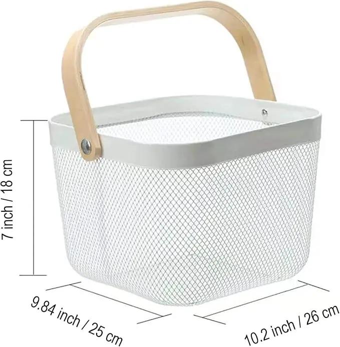 Metal Mesh Steel Basket, Storage Organizer Basket Multi-functional Hanging Kitchen Baskets Fruit Basket Bin with Bamboo Handle for Kitchen Bathroom Picnic Shopping Decor Cabinet Home, White by GreenHaven Gardens
