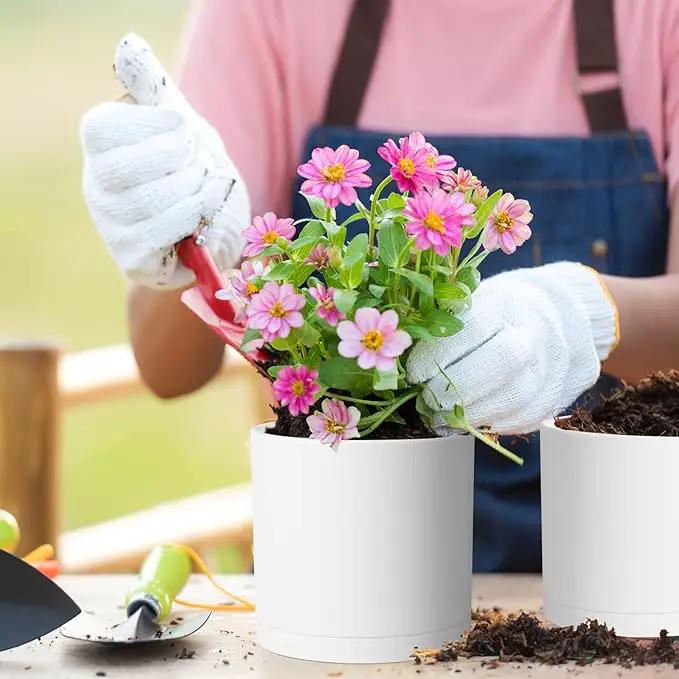 8/7/6 inch Plant Pots, 3 Pack Cylinder Flower Pots for Outdoor Indoor Plants, Decorative Plastic Planters with Drainage Holes and Saucers for Garden House Plants, White with Brown by GreenHaven Gardens