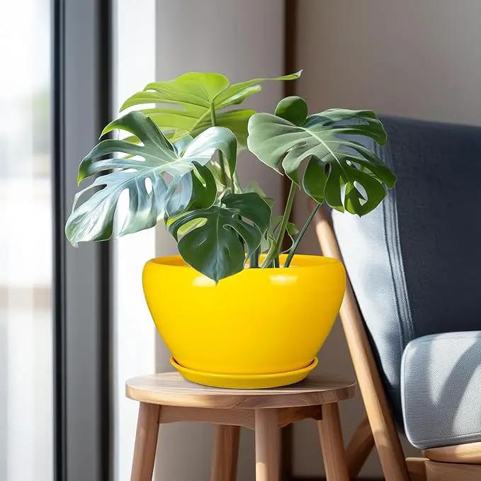 Indoor Planter 11 Inch - Decorative Mid-Century Large Ceramic Plant Pot for Outdoor Plants with Drainage Hole and Saucer, Home Balcony House Garden Patio Office Room Decor, Yellow by GreenHaven Gardens