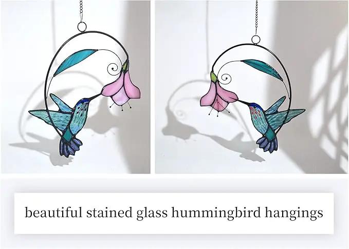 Lolitarcrafts Stained Glass Hummingbird Window Hangings with Flowers, Bird Stained Glass Suncatcher for Window Decor Hummingbird Gifts for Mom,Bird Lovers (Blue with Flower A) by GreenHaven Gardens