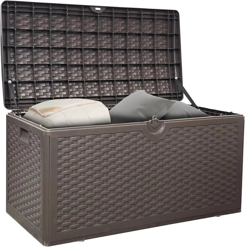 Upgrade 80 Gallon Waterproof Large Resin Deck Box Indoor/Outdoor Lockable Storage Container and Seating for Garden, Pool, and Patio (80 Pro Gallon, Brown) by GreenHaven Gardens