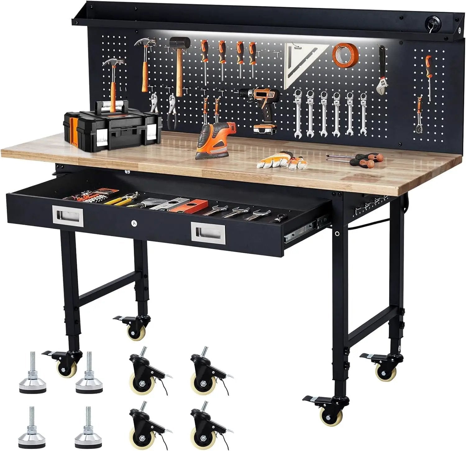 60-Inch Garage Workbench with Wheels, Adjustable Rubber Wood Top Garage Workbench with Pegboard & Drawer & Power Outlet, 2000 lbs Load Capacity, for Workshop, Woodworking, Office by GreenHaven Gardens