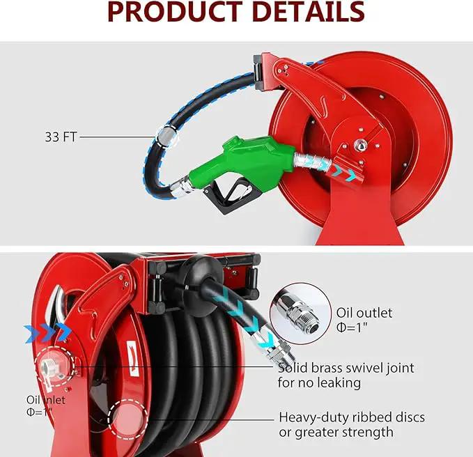 Fuel Hose Reel with Fueling Nozzle, 1" x 33FT Retractable Diesel Hose Reel, 300 PSI Industrial Heavy Duty Auto Swivel Rewind Hose Holder Reels, for Vehicle Tank Truck Trailer Ship by GreenHaven Gardens