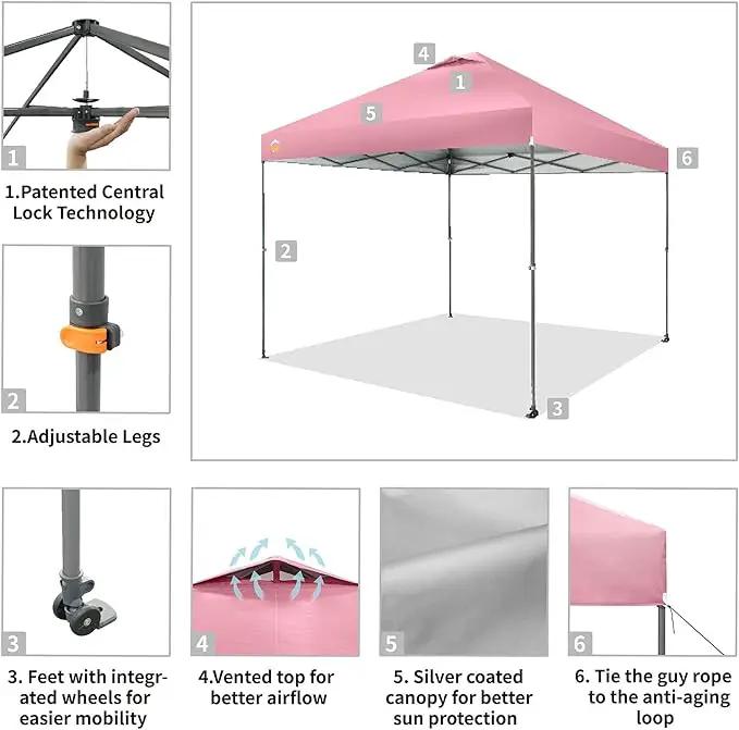 CROWN SHADES Adjustable Height on The Fly, 10x10 Pop Up Canopy - Beach Tent with One Push Setup - Easy Outdoor Sun Shade for Events, Parties, Camping - Outside Shade with STO-N-Go Bag, Pink by GreenHaven Gardens