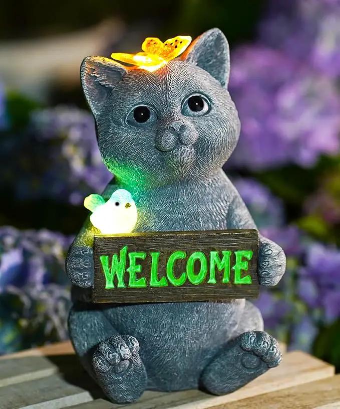 Solar Cat Figurine Garden Statues : Outside Welcome Cat Statue with Butterfly for Garden Decor and Yard Decorations - Unique Gifts for Women and Mom by GreenHaven Gardens