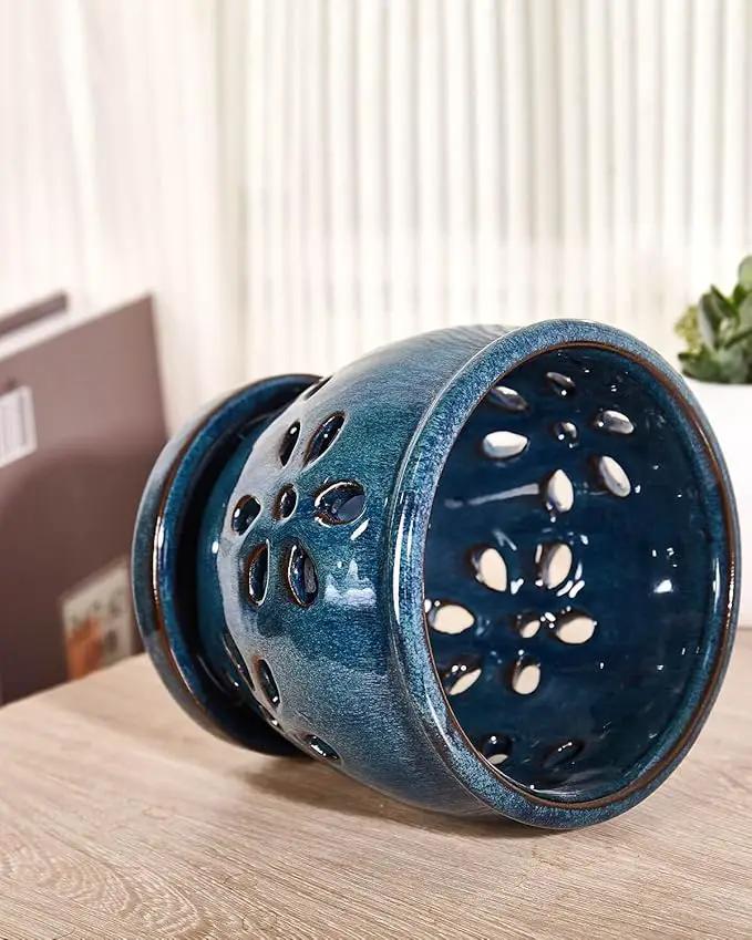 vensovo 5 Inch Ceramic Orchid Pots with Holes and Saucers - 1 Pcs Small Succulent Pot for Repotting, Garden Flowerpots for Plants Indoor and Outdoor Promotes Air Circulation, Blue by GreenHaven Gardens