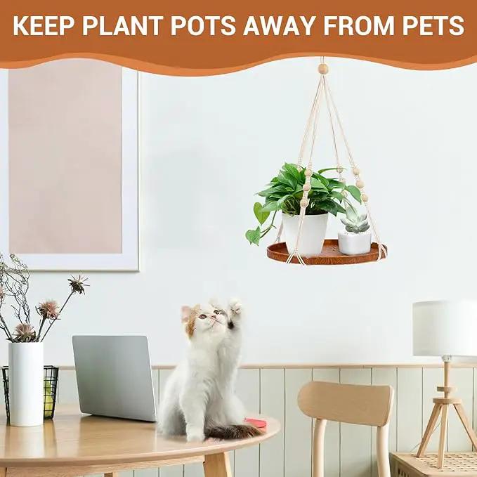 SUREAM Macrame Plant Shelf Hangers, Large Hanging Baskets for Plants with Flower CutOuts and Handmade Cotton, Indoor Outdoor Plant Hangers with Wood Tray for Garden Home Decor - No Plant/Pot Included by GreenHaven Gardens