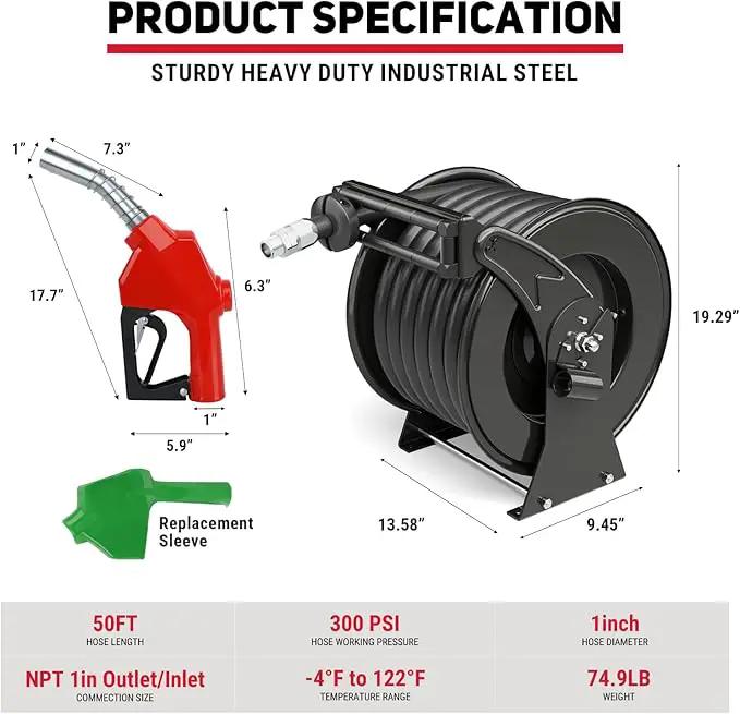 Retractable Fuel Hose Reel with Refueling Nozzle 1" x 50ft Spring Driven Diesel Hose Reel 300 PSI Industrial Auto Swivel Heavy Duty Steel Construction Reel for Ship Vehicle Tank Truck, Black by GreenHaven Gardens