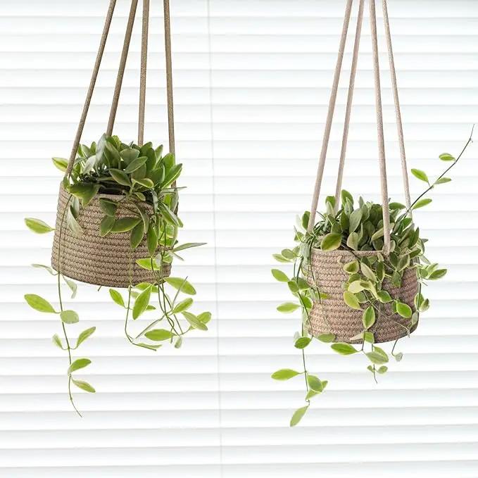 Flexzion Hanging Plant Basket, Boho Cotton Rope Basket Indoor Hanging Planter, Up to 7" Flower Pot, Macrame Woven Modern Plant Holder, Storage Bin Organizer, Home Decor with 20" Hanging Rope, Brown by GreenHaven Gardens