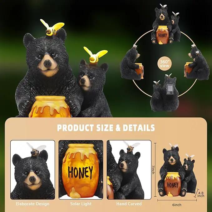 Solar Garden Decor Statues 7" Resin Mother&Cub Bear Figurines with Honey Jar Waterproof Black Bear Decor for Outside Yard Patio Porch Decoration Gift for Mom Grandma by GreenHaven Gardens
