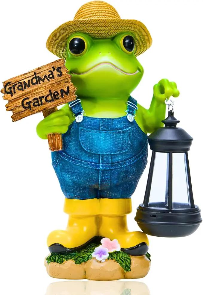 Frog Garden Statue with Solar Light, Gardener Frog Decoration with Solar Lantern Light for Home, Outdoor, Garden, Patio and Yard Decor, Best Gifts for Mom/Grandma, Grandma's Garden by GreenHaven Gardens