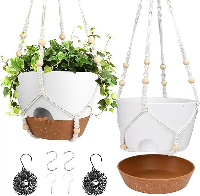 Hanging Planters for Indoor Outdoor Plants, 2 Pack Self Watering Hanging Pot with Drainage Holes, Removable Tray & 2 Kinds of Plant Hangers, 10'' Hanging Flower Pots for Home Garden Decor, White by GreenHaven Gardens