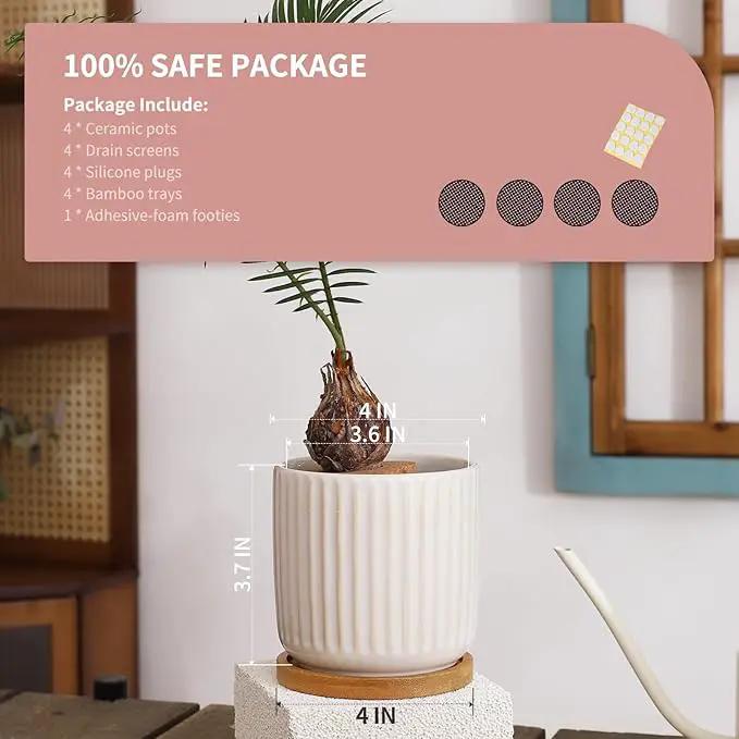 OMAYKEY 4 Inch Ceramic Plant Pot with Saucer, Creative Stripe Small Planters Pots with Drainage Hole and Mesh Pads for Succulent, Cactus, Herbs, White - Set of 4 by GreenHaven Gardens