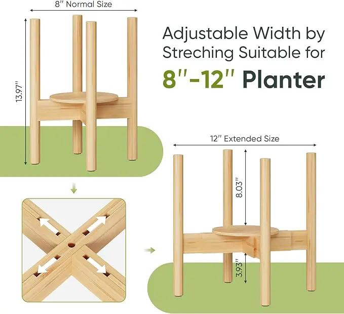 Adjustable Plant Stand, Bamboo Plant Stand Indoor with Tray, Wood Plant Stand for 8 to 12 inches Flower Pots, Single Mid Century Modern Plant Stand for Indoor Plants, Natural by GreenHaven Gardens