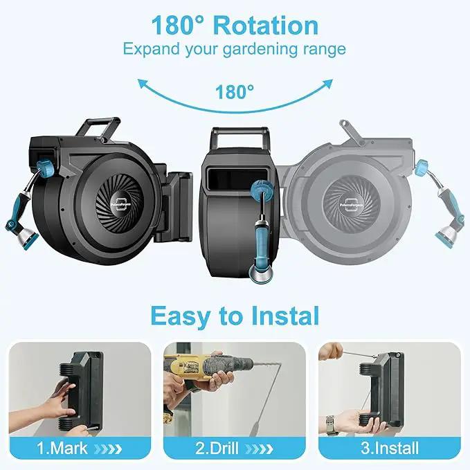 Retractable Garden Hose Reel - 5/8 inch x 90 ft Wall Mounted Hose Reel with 10 Pattern Nozzle & Any Length Lock, Heavy Duty Water Hose Supports Automatic Rewind & 180° Swivel, Black by GreenHaven Gardens