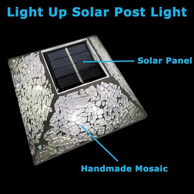 2PK Mosaic Solar Post Cap Lights Outdoor for 4x4, 3.5x3.5 Post Crackled Glass Deck Fence Lamp Weatherproof LED Light Decor in Garden, Yard, Outdoor Table, Balcony, Landscape- Iridescent by GreenHaven Gardens