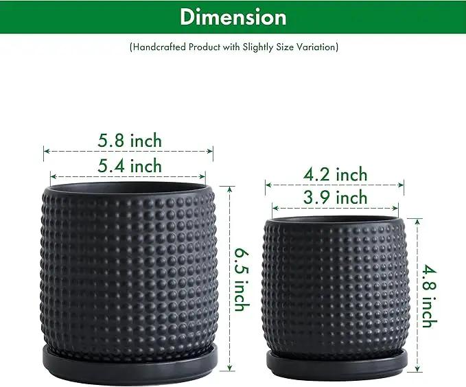 D'vine Dev 6 Inch 4 Inch Ceramic Indoor Planter Pots with Drainage Hole and Saucer, Beaded Design Flower Pots, Set of 2, Matte Black, 27-D-U-6 by GreenHaven Gardens