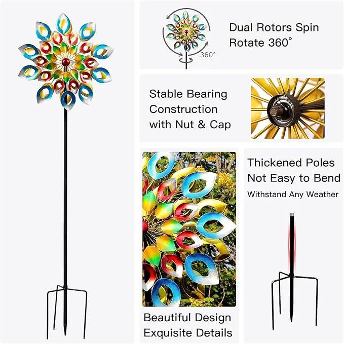 Yard Garden Wind Spinners with Stake - Large Outdoor Metal Wind Spinners, Lawn Yard Art Garden Decor (24" W x 84" H) by GreenHaven Gardens