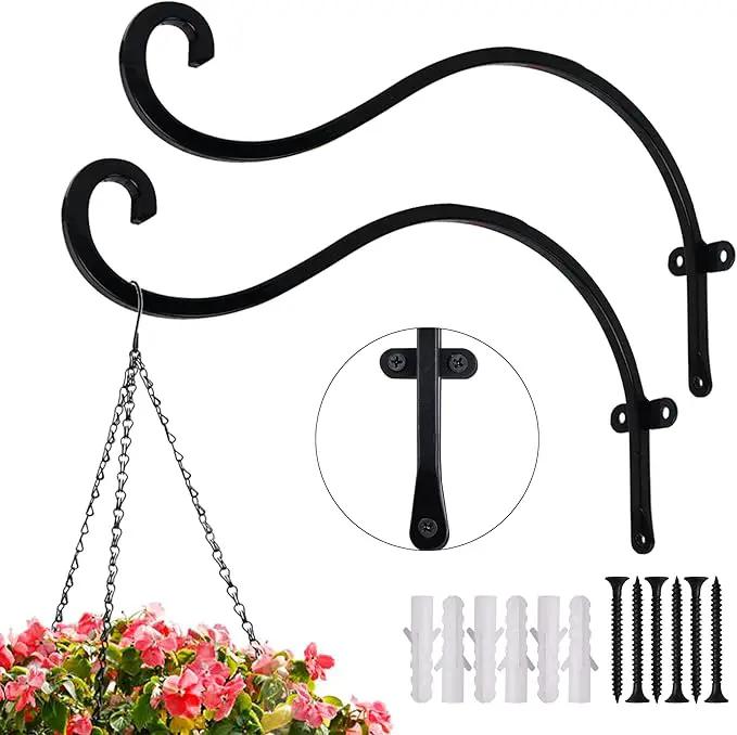 Hourleey 2 Pack Plant Hanger Outdoor, 12 Inch Heavy-Duty Hanging Plant Hook for Outside Basket, Black Metal Wall Mount Plant Bracket Hook for Flower Baskets Bird Feeder by GreenHaven Gardens