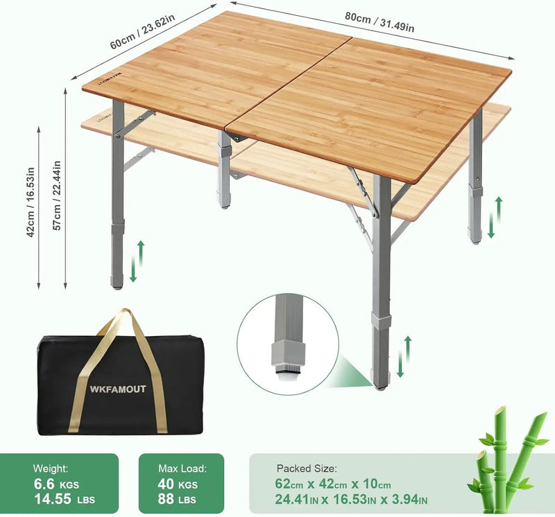 Bamboo Folding Camping Table 2-Folds with Adjustable Aluminum Legs Portable Picnic Table with Carry Bag for Outdoor Hiking Beach 2-4 Person by GreenHaven Gardens