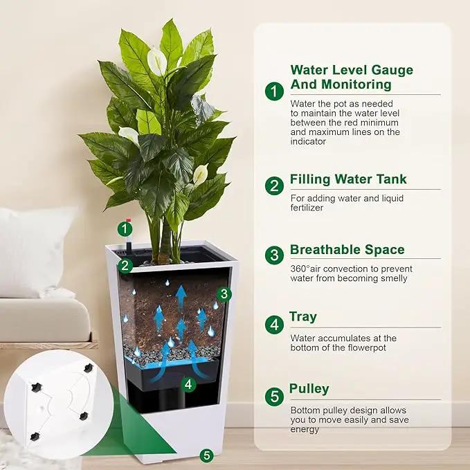 30" Tall Planters Set of 2, Outdoor＆Indoor Black Planter Pots, High Front Porch Planter Pots with Drainage Holes＆Water Level Monitor Movable Wheels ＆Inner Bucket, Automatic Watering, White by GreenHaven Gardens