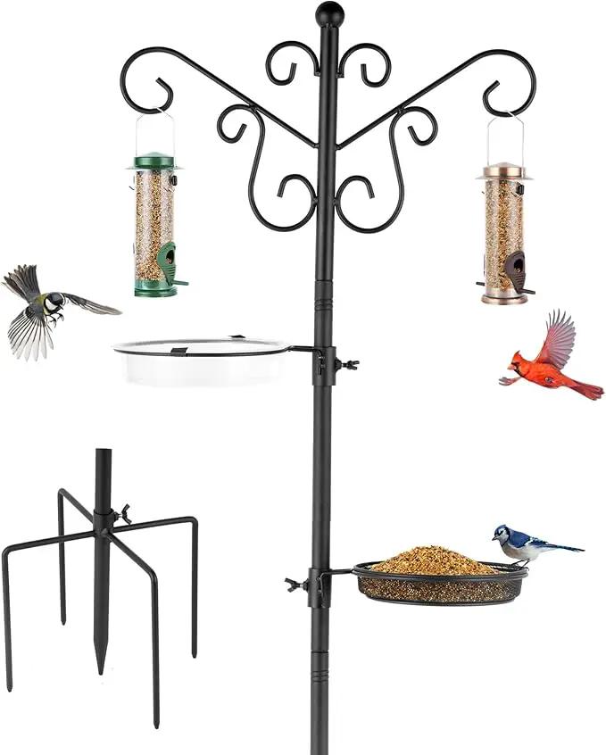MIXXIDEA Bird Feeding Station Bird Feeder Pole with 5-Prong Base Hanging Hooks Water Bath Mesh Tray Wind-Resistant Water Bowl with Metal Snap Fastening for Outdoors to Attract Wild Birds by GreenHaven Gardens