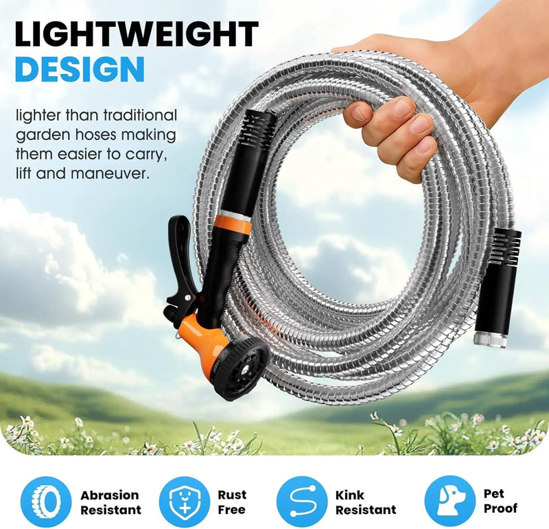 Garden Hose Metal 25 FT, Flexible Stainless Steel Water Hose with 10 Function Nozzle, Kink Free, Lightweight & Durable, Crush Resistant Fitting, Puncture Proof Hose for Yard, Rv, 600 PSI 2025 New by GreenHaven Gardens