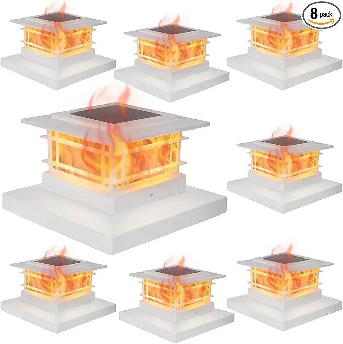 Dynaming 8 Pack Solar Flame Post Lights Outdoor, Solar Powered Fence Post White Shell Cap Light, High Brightness Flickering Flame LED Lighting for Garden Deck Patio, Fit 4x4 5x5 6x6 Vinyl/Wooden Posts by GreenHaven Gardens