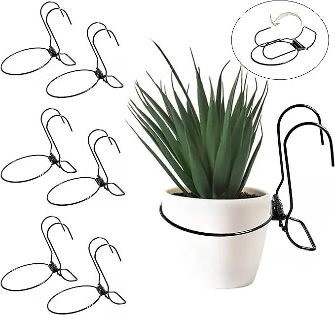 6 Pieces, 6 inches Iron Hanging Flower Pot. Metal Plant Wall Hanger, Vertical Garden. Planter Hook Ring, Rail Metal Fence. Indoor and Outdoor. Yard Garden. Wire Trellis. Collapsible Bracket. (Black) by GreenHaven Gardens