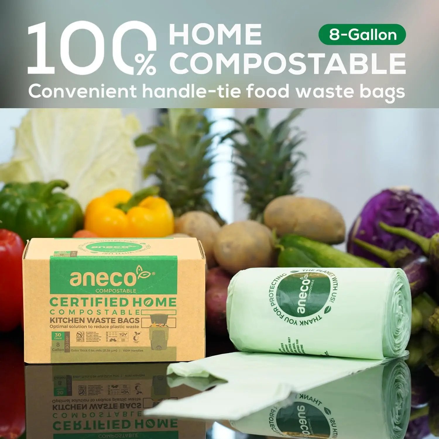 ANECO 8 Gallon Compostable Kitchen Food Waste Bags with Handles (30 Count), Leak-proof Compost Bags for Tall Kitchen Bin, Large 8 Gallon Bags Certified by BPI & OK Compost HOME by GreenHaven Gardens