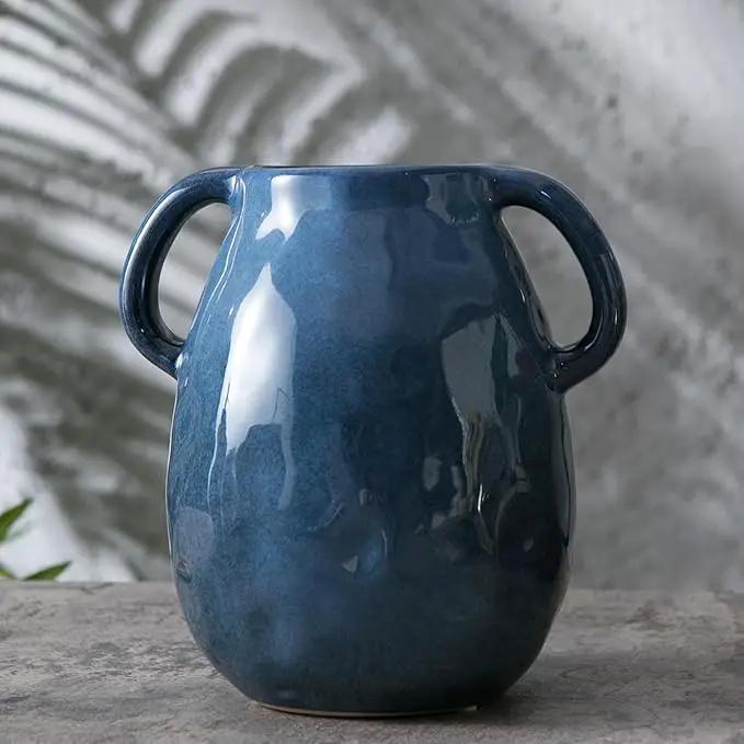 Blue Ceramic Vase with 2 Handles - Modern Farmhouse Rustic Terracotta Decorative Clay Boho Vase for Pampas Grass and Home Decor by GreenHaven Gardens