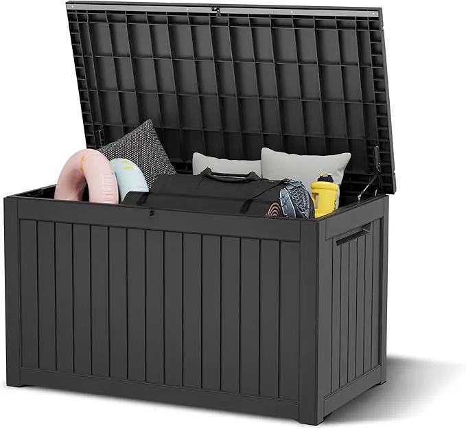 KAMABOKO 230 Gallon Outdoor Storage Box, Resin Deck Boxes Indoor and outdoor, Waterproof Storage Box Lockable Lid for Garden Tools, Package Delivery, Patio Cushions, Black by GreenHaven Gardens